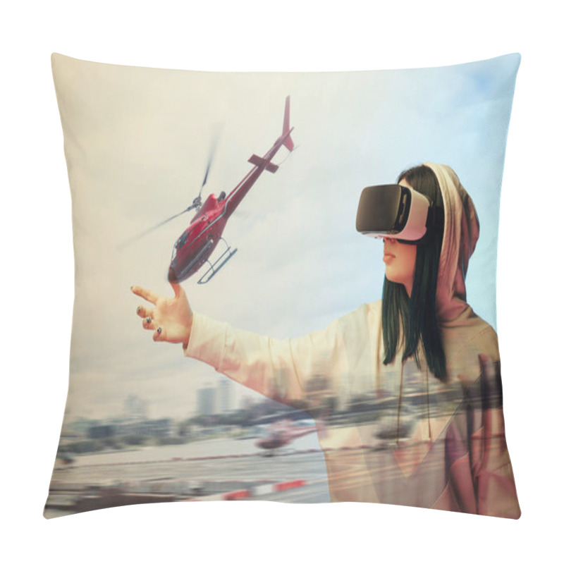 Personality  Double Exposure Of Brunette Girl Gesturing While Using Virtual Reality Headset And Helicopter Flying Near Buildings  Pillow Covers