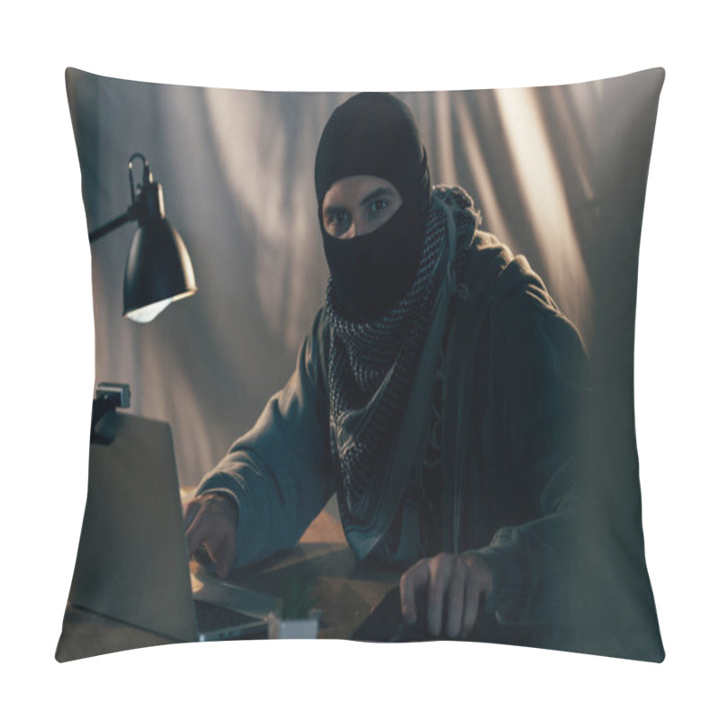 Personality  Terrorist In Mask With Gun Using Laptop In Dark Room Pillow Covers