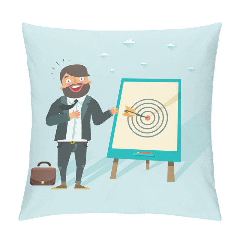 Personality  Successful Business Story Concept. Happy Businessman Got A Win In Darts. Vector Character In Flat Style. Pillow Covers