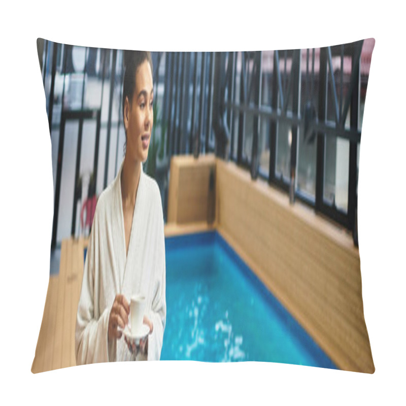 Personality  A Beautiful Young Woman Savors Herbal Tea By The Tranquil Indoor Pool At A Spa Retreat. Pillow Covers