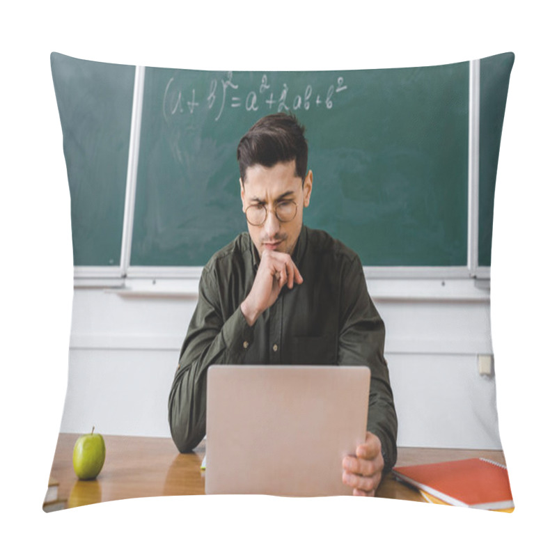 Personality  Pensive Male Teacher In Glasses Sitting At Desk And Using Computer In Classroom Pillow Covers