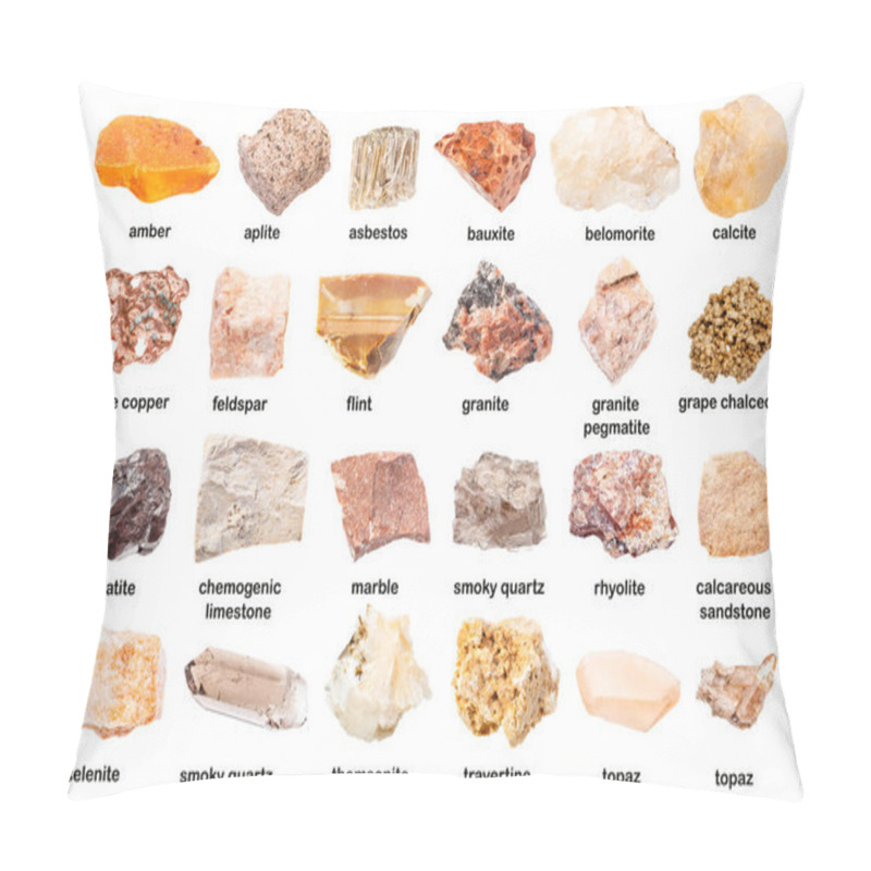 Personality  Set Of Various Unpolished Rocks With Names (calcite, Asbestos, Aplite, Rhyolite, Pegmatite, Granite, Topaz, Feldspar, Bauxite, Amber, Hematite, Marble, Travertine, Limestone, Etc) Isolated On White Pillow Covers