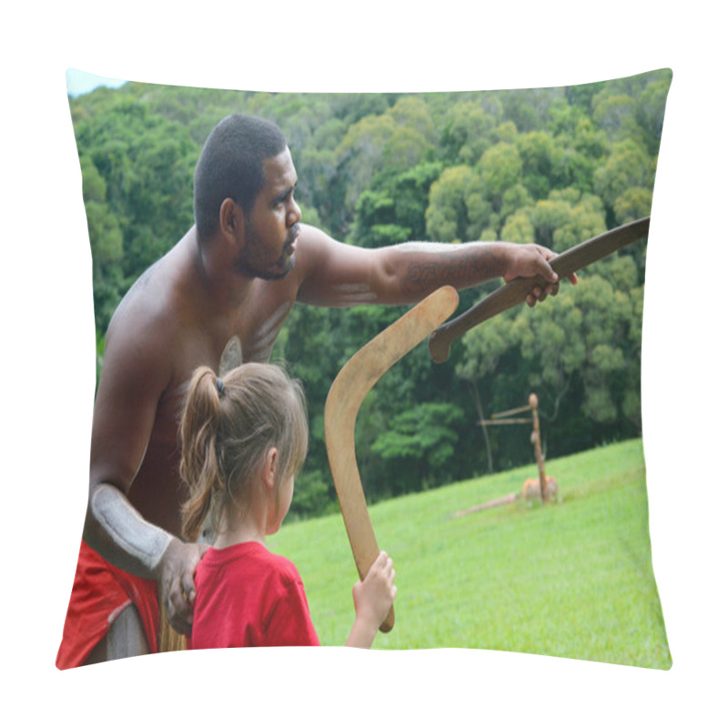 Personality  Yirrganydji Aboriginal Warrior Teaches A Little Girl How To Thro Pillow Covers