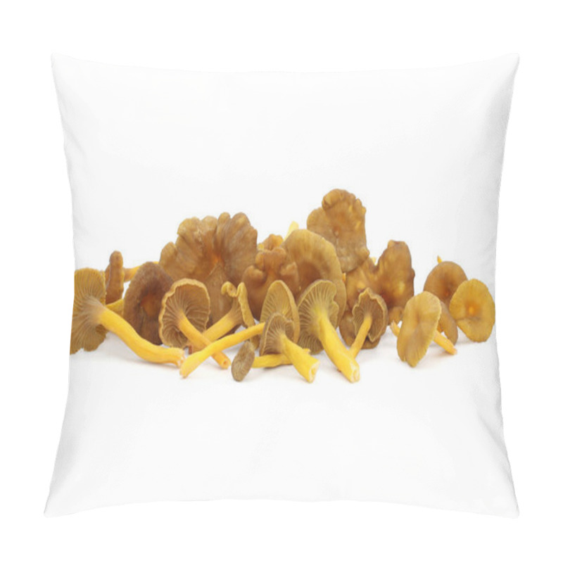 Personality  A Bunch Of Wild Edible Funnel Chanterelle Mushrooms Lie On A White Background. Brown Caps With Decurrent Pale Gills And Yellow Hollow Stalks. Craterellus Tubaeformis Aka Yellowfoot Or Winter Mushroom. Pillow Covers