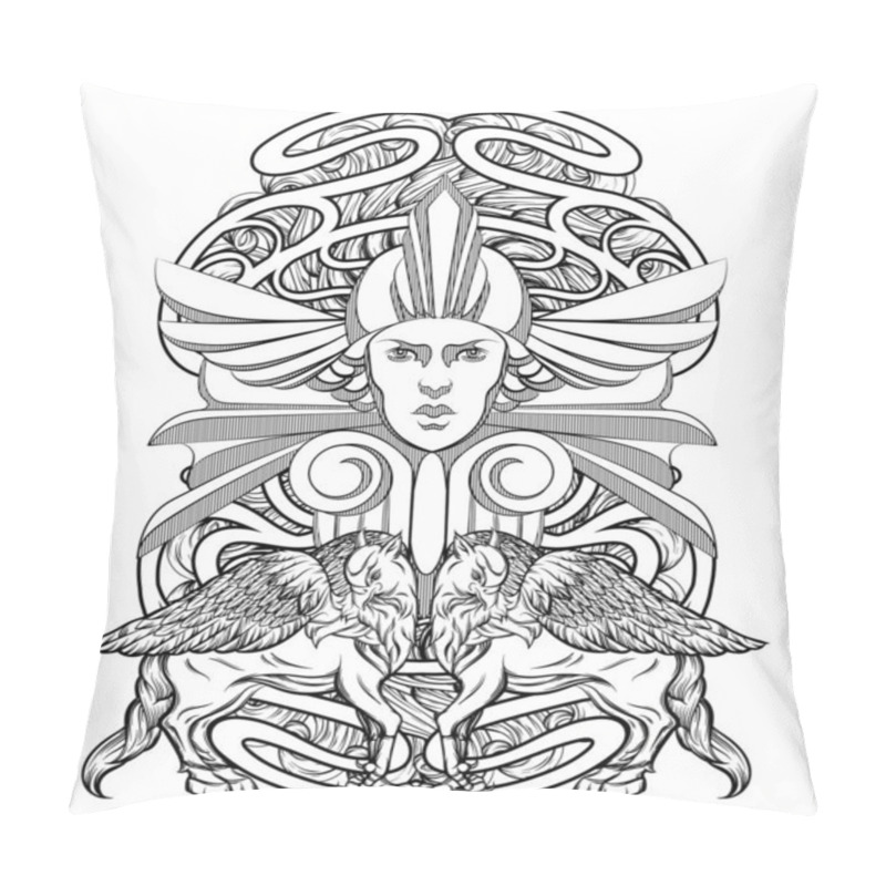 Personality  Vector Hand Drawn Illustration Of Woman With Hippogryph Isolated. Pillow Covers