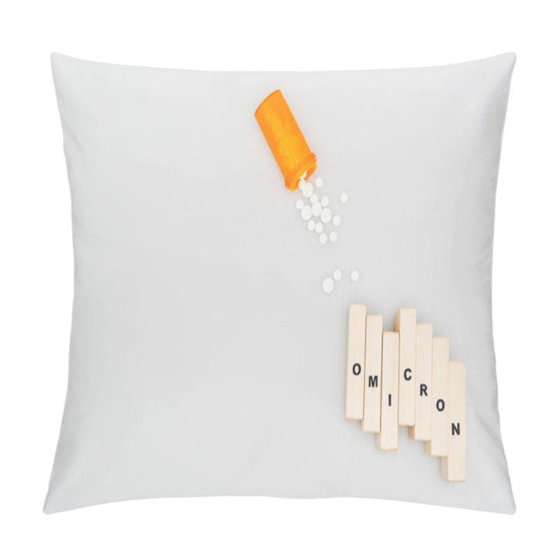 Personality  Top View Of Pills And Wooden Bricks With Omicron Lettering On Grey Background Pillow Covers