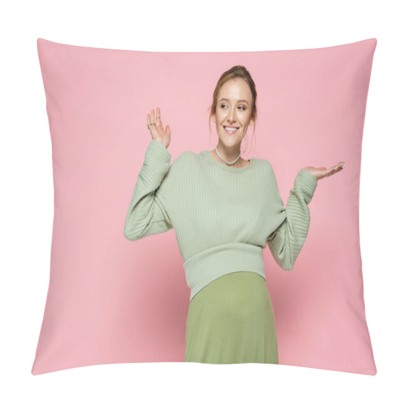 Personality  Positive Pregnant Woman In Trendy Green Outfit Pointing With Hands On Pink Background  Pillow Covers