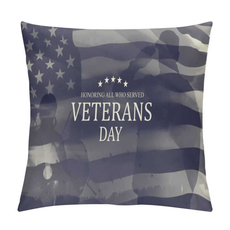 Personality  Silhouettes Of Soldiers Saluting With Text Veterans Day Honoring All Who Served. Black And White American Holiday Typography Poster. Banner, Greeting Card, Postcard. Pillow Covers