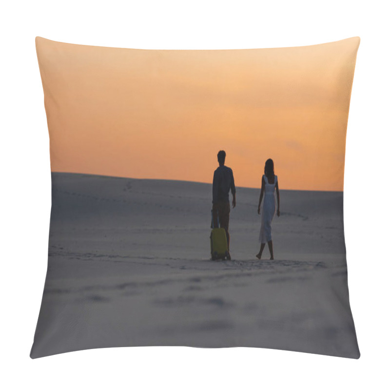 Personality  Back View Of Couple Walking On Beach With Travel Bag At Sunset Pillow Covers