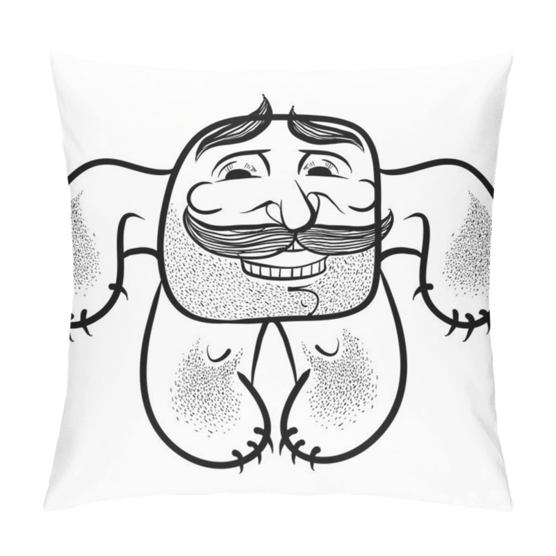 Personality  Happy Cartoon Monster With Mustaches, Black And White Lines Vect Pillow Covers