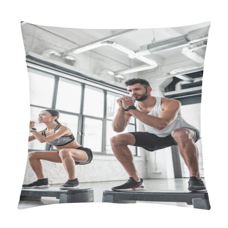 Personality  Low Angle View Of Athletic Young Couple In Sportswear Training With Step Platforms In Gym  Pillow Covers