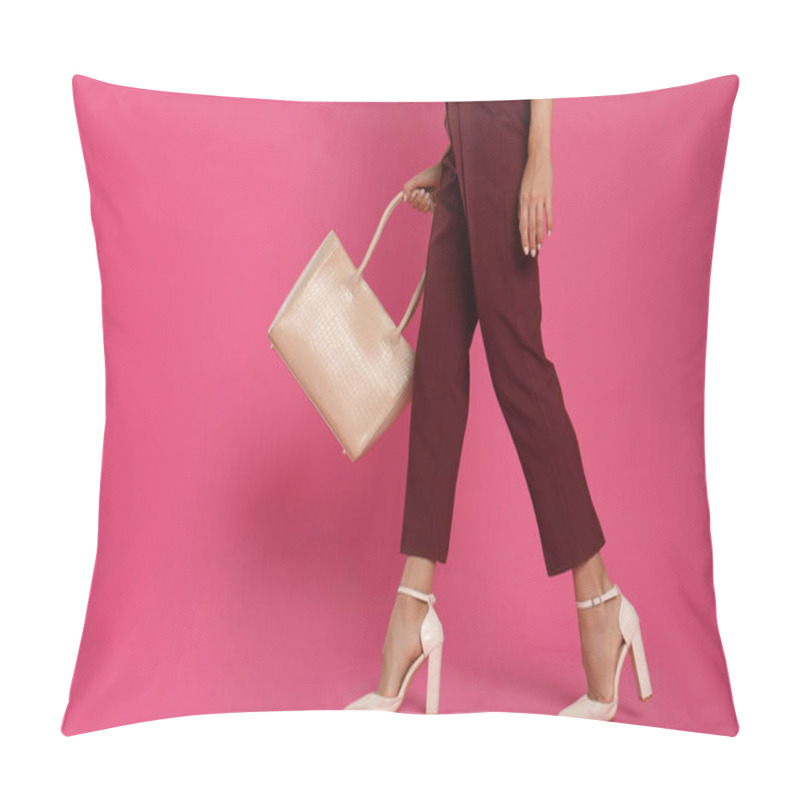 Personality  Woman With Stylish Bag On Pink Background, Closeup. Space For Text Pillow Covers