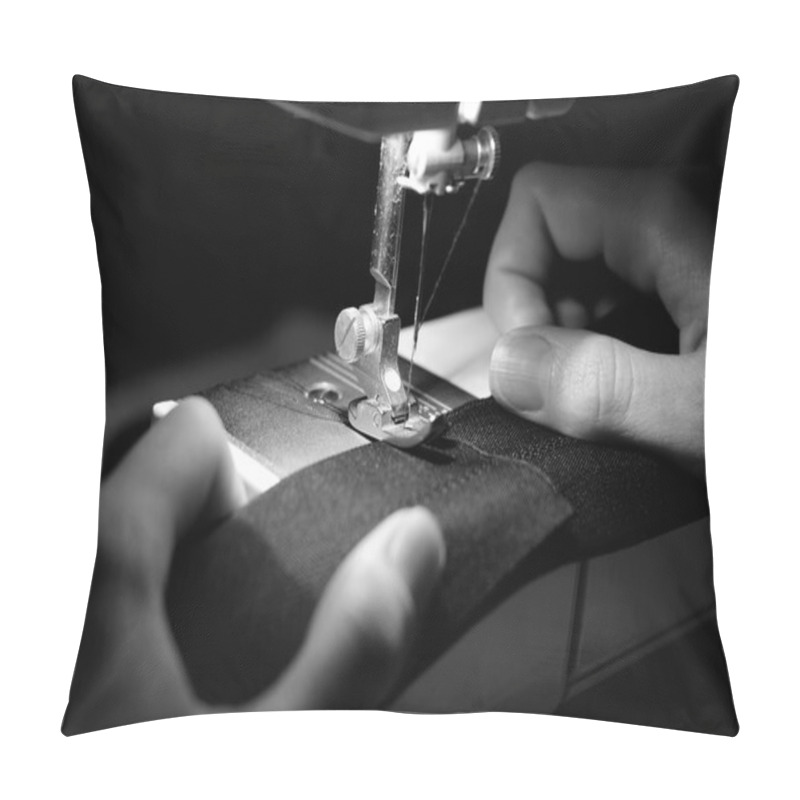 Personality  Hands Of Seamstress Using Sewing Machine Pillow Covers