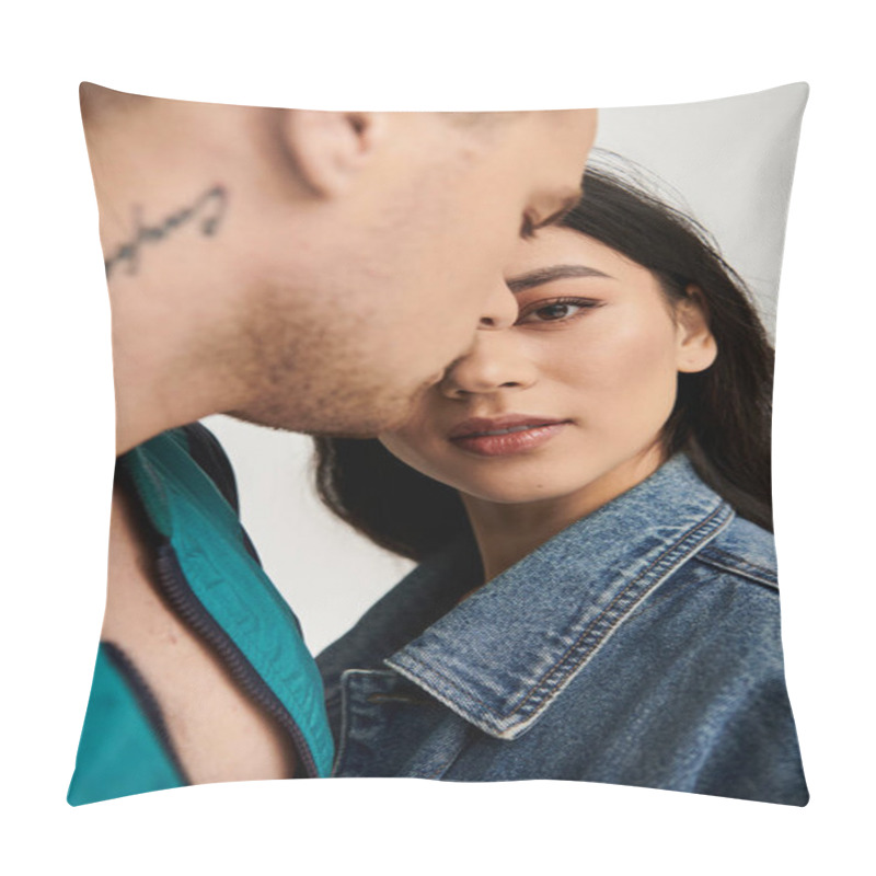 Personality  Young Couple Shares An Intimate Moment In A Studio, Selective Focus On Woman Pillow Covers