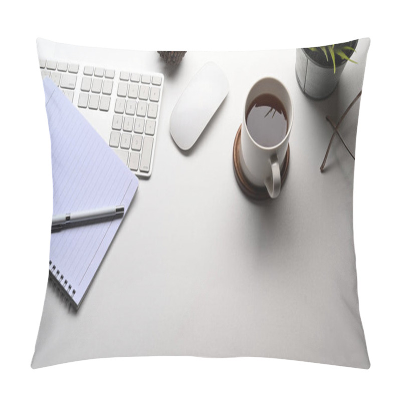 Personality  Simple Workspace With, Notebook, Coffee Cup, Plant, Keyboard On White Desk. Pillow Covers