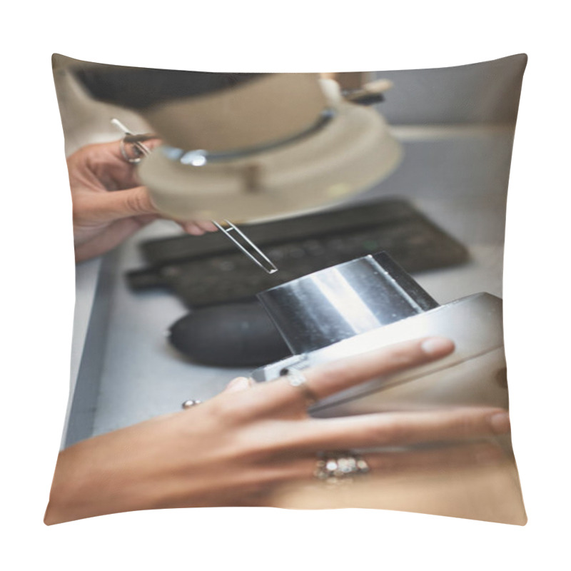 Personality  An Artisan Carefully Inspects Beautiful Jewels Using Specialized Tools In A Well Lit Workspace. Pillow Covers