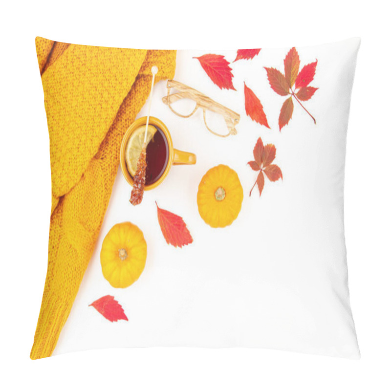 Personality  Flat Lay Autumn Composition With Fall Leaves, Hot Cup Of Tea And A Warm Woolen Orange Sweater Pillow Covers