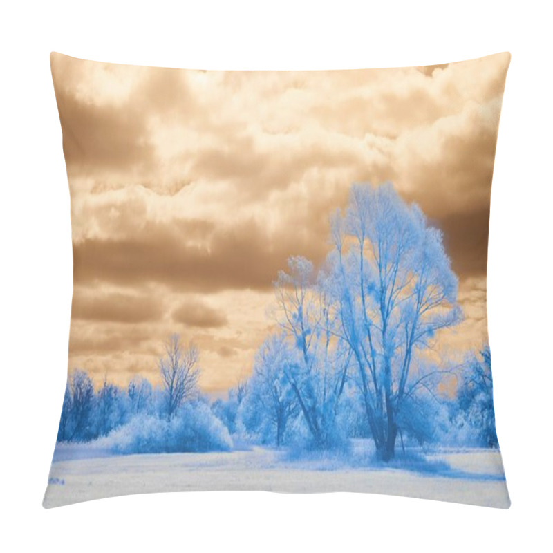 Personality  Surreal Winter Landscape With Blue-hued Trees Against An Orange Cloudy Sky. Pillow Covers