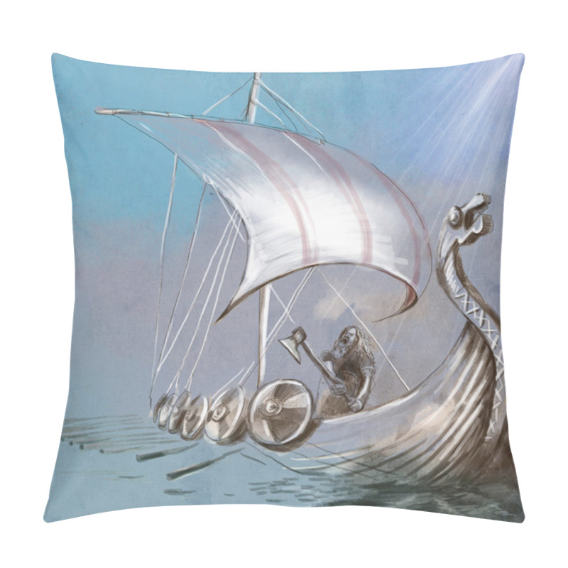 Personality  Viking Age. Drekar Ship And Warrior With The Axe Standing On Boat With Dragon Head. An Hand Painted Illustration. Pillow Covers