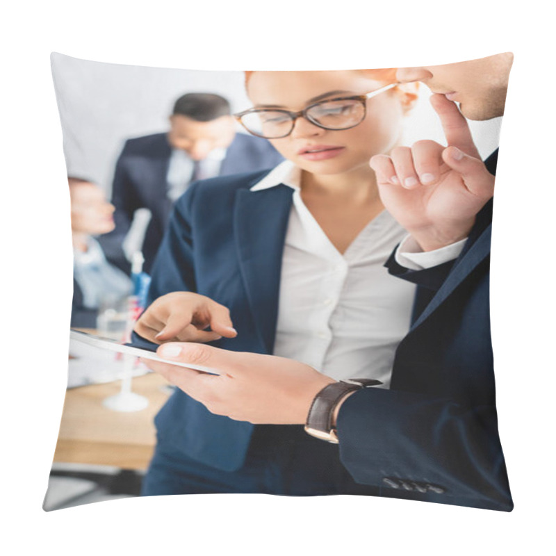 Personality  Woman Pointing With Finger At Digital Tablet Near Colleague While Party Members Talking On Blurred Background Pillow Covers