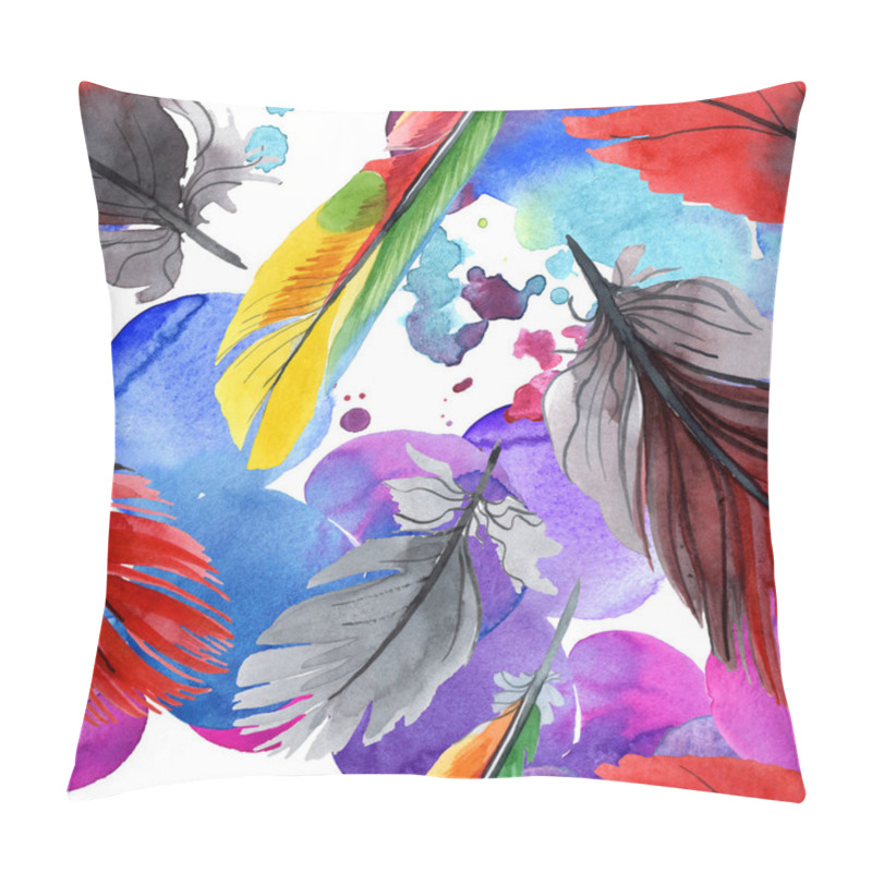 Personality  Colorful Bird Feather From Wing Isolated. Watercolour Drawing Fashion Aquarelle. Fabric Wallpaper Print Texture. Pillow Covers