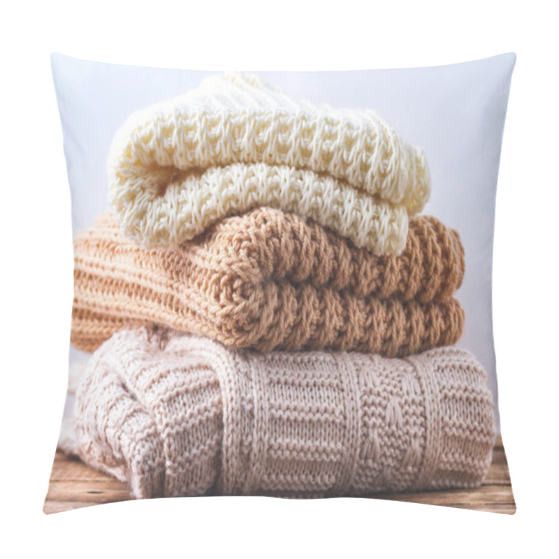 Personality  Warm, Pastel Clothes And Knitted Scarves On A White Background. Winter, Autumn Clothes. Pillow Covers