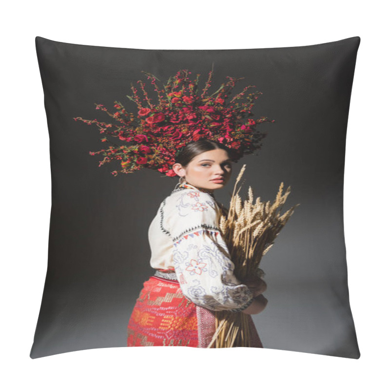 Personality  Brunette And Young Ukrainan Woman In Floral Wreath With Berries Holding Wheat On Black Pillow Covers