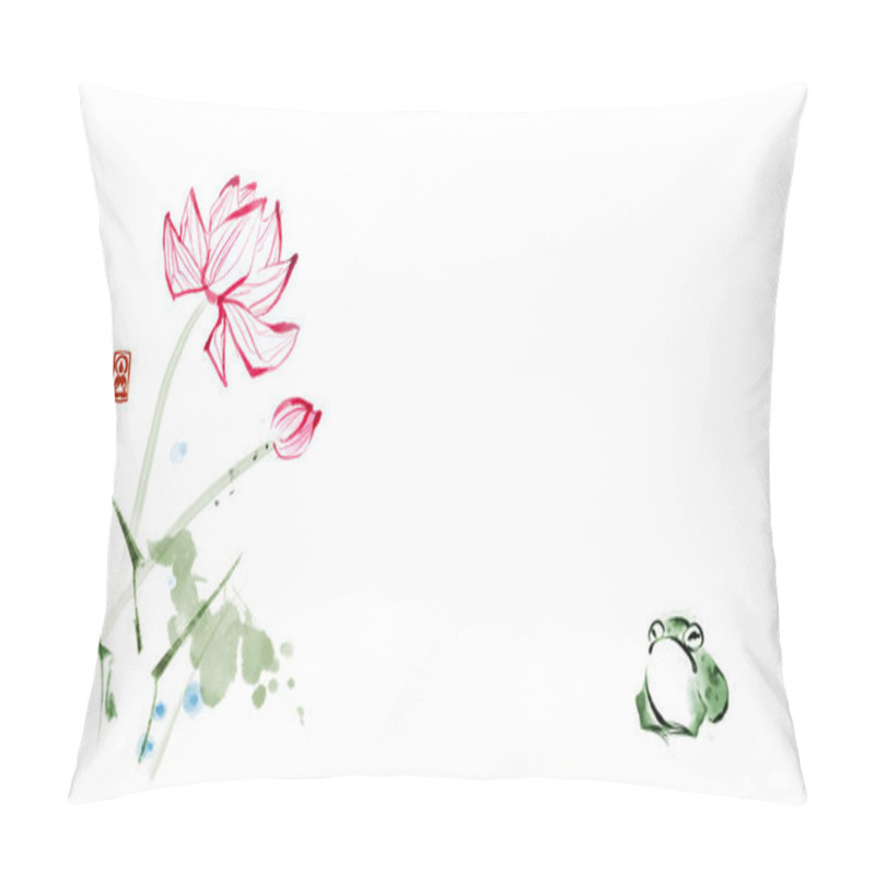 Personality  Frog Sitting Under Lotus Flowers On White Background. Traditional Oriental Ink Painting Sumi-e, U-sin, Go-hua. Pillow Covers