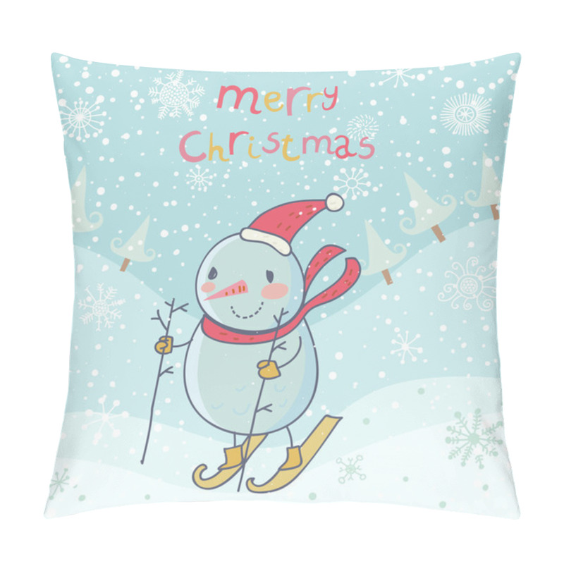 Personality  Snowman Skiing. Cute Cartoon Christmas Background Pillow Covers