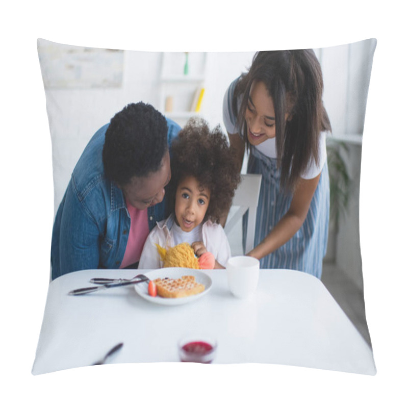 Personality  Happy African American Women Embracing Kid Sitting With Soft Toy Near Waffle And Bowl With Jam Pillow Covers