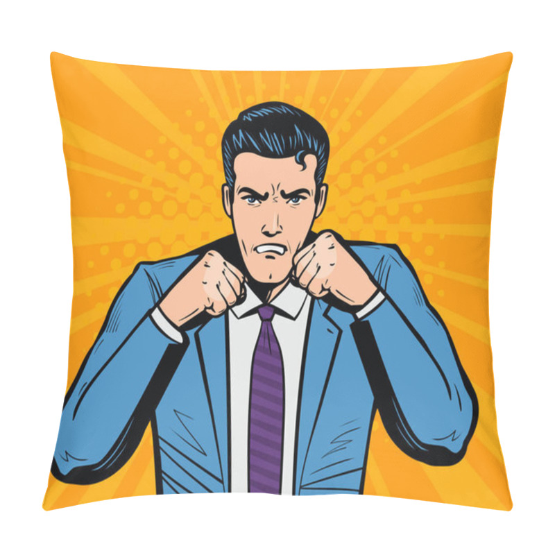 Personality  Aggressive Businessman Or Super Hero With Fists. Business Concept In Pop Art Retro Comic Style. Cartoon Vector Illustration Pillow Covers