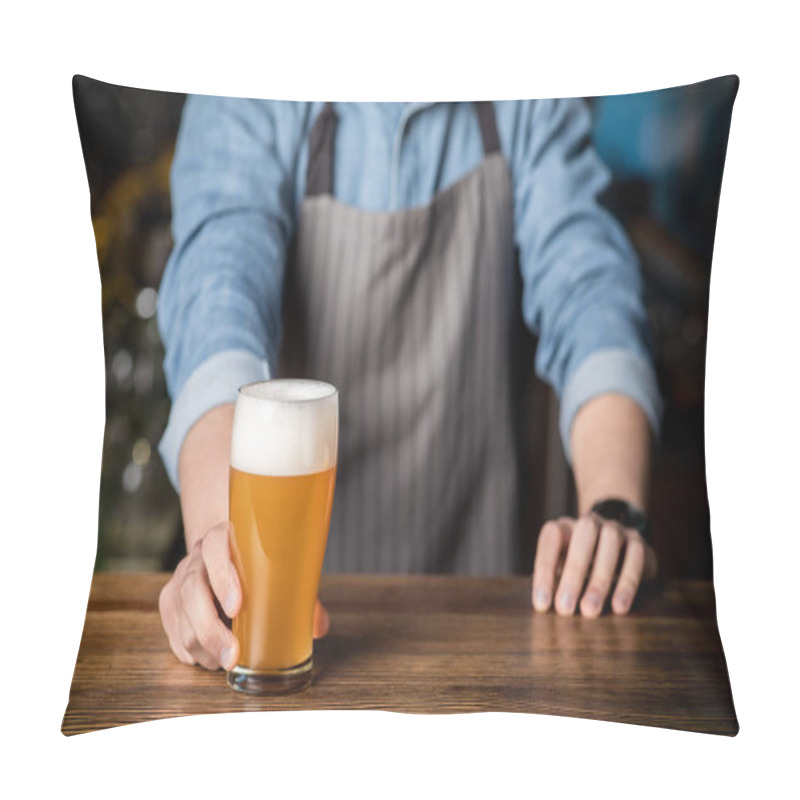 Personality  Craft Drink At Bar. Bartender Gives Glass Of Light Beer With Foam Pillow Covers