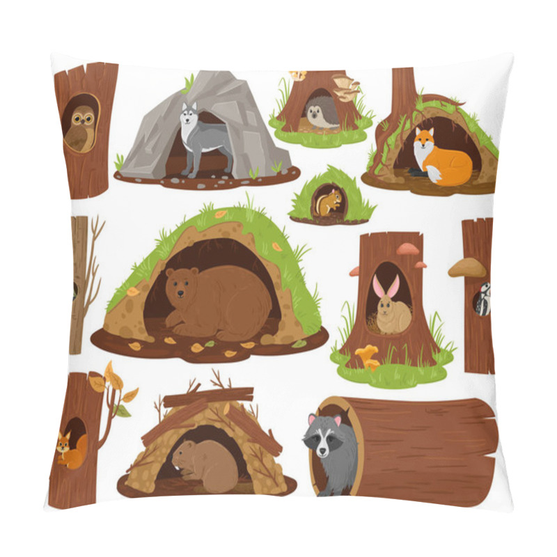 Personality  Cartoon Forest Animals Inside Hollow, Burrow And Nest. Woodland Fauna In Burrows And Tree Hollows Vector Illustration Set. Owl, Bear And Hedgehog Pillow Covers