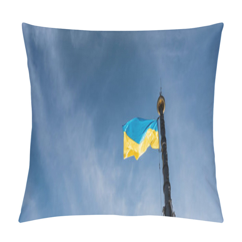 Personality  Horizontal Image Of Ukrainian Flag On Flagpole Against Blue Sky In Lviv, Ukraine Pillow Covers