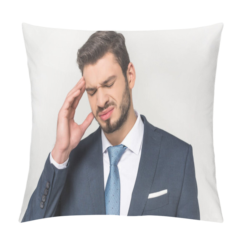 Personality  Young Businessman Suffering From Headache Isolated On Grey  Pillow Covers