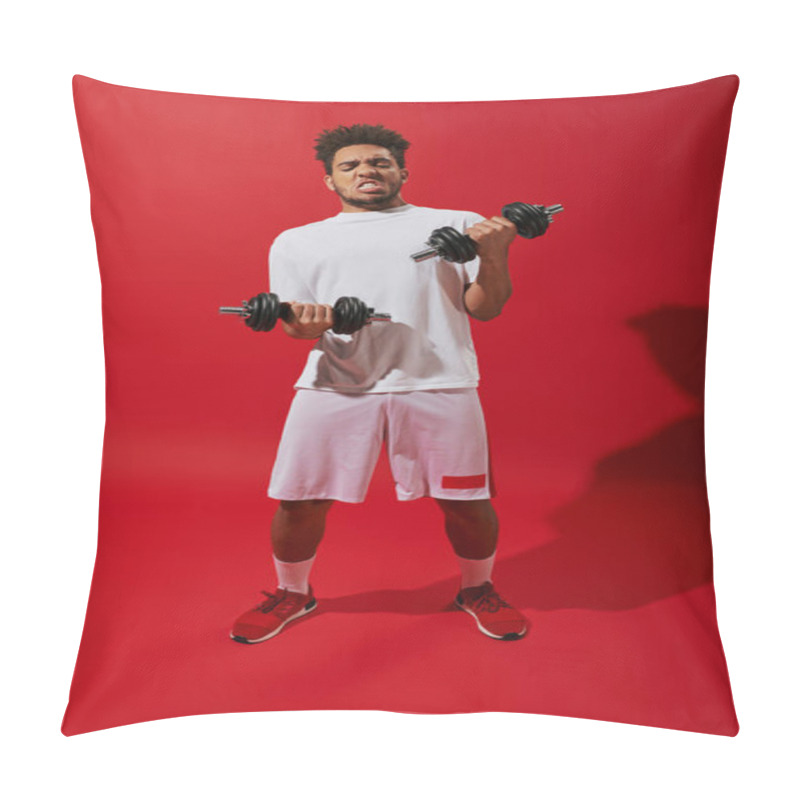 Personality  Curly African American Sportsman Working Out With Heavy Dumbbells On Red Background, Grimace Pillow Covers