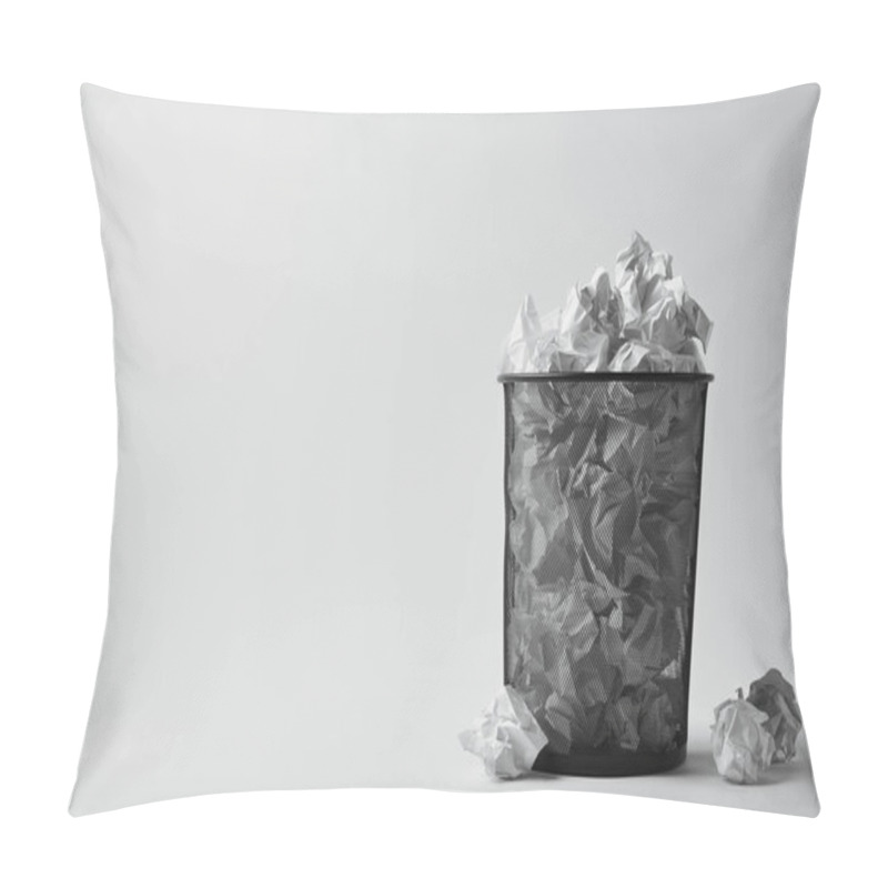 Personality  Office Trash Bin With Crumpled Papers On White Surface Pillow Covers