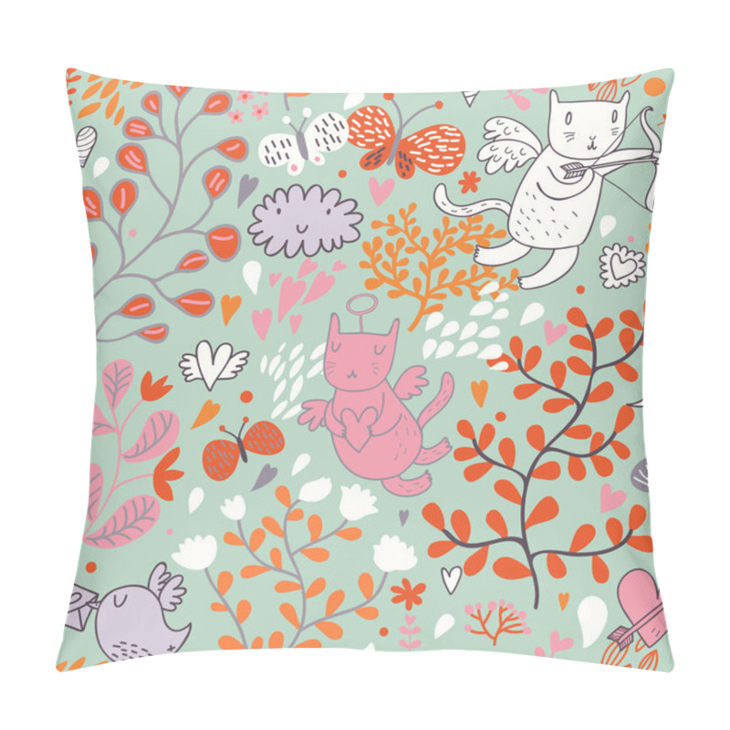 Personality  Romantic Floral Valentine Pattern With Angel Cats And Butterflies. Seamless Tiling Pillow Covers