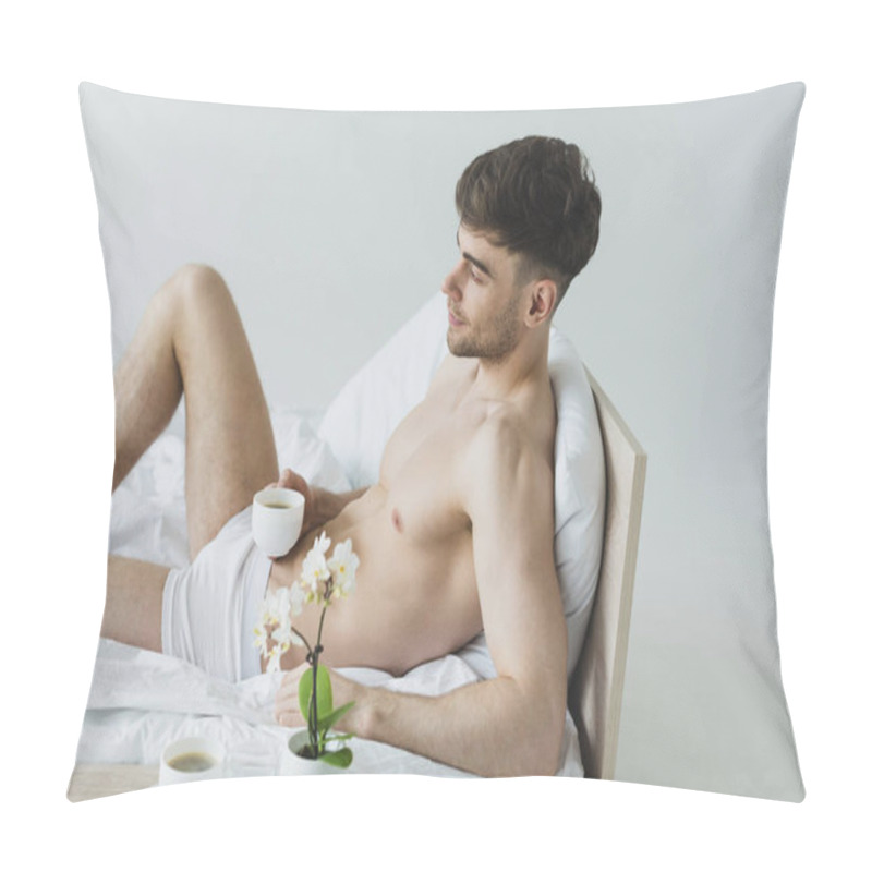 Personality  Pensive Handsome Man Holding Man Holding Coffee Cup And Looking Away While Lying On White Bedding In Underwear Pillow Covers