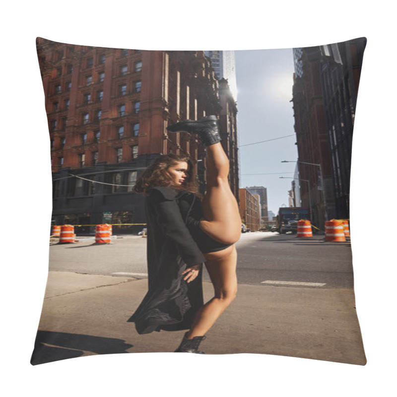 Personality  A Young Woman In A Black Coat Dances On The Streets Of New York City. Pillow Covers