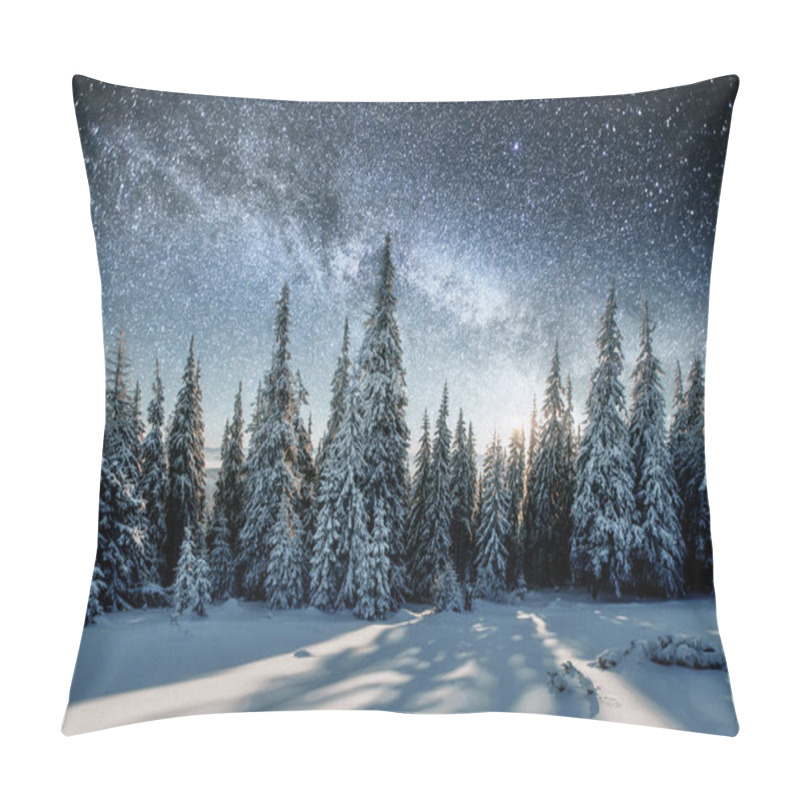 Personality  Majestic View Of Forest With Fir Trees And Cosmos With Many Stars Pillow Covers