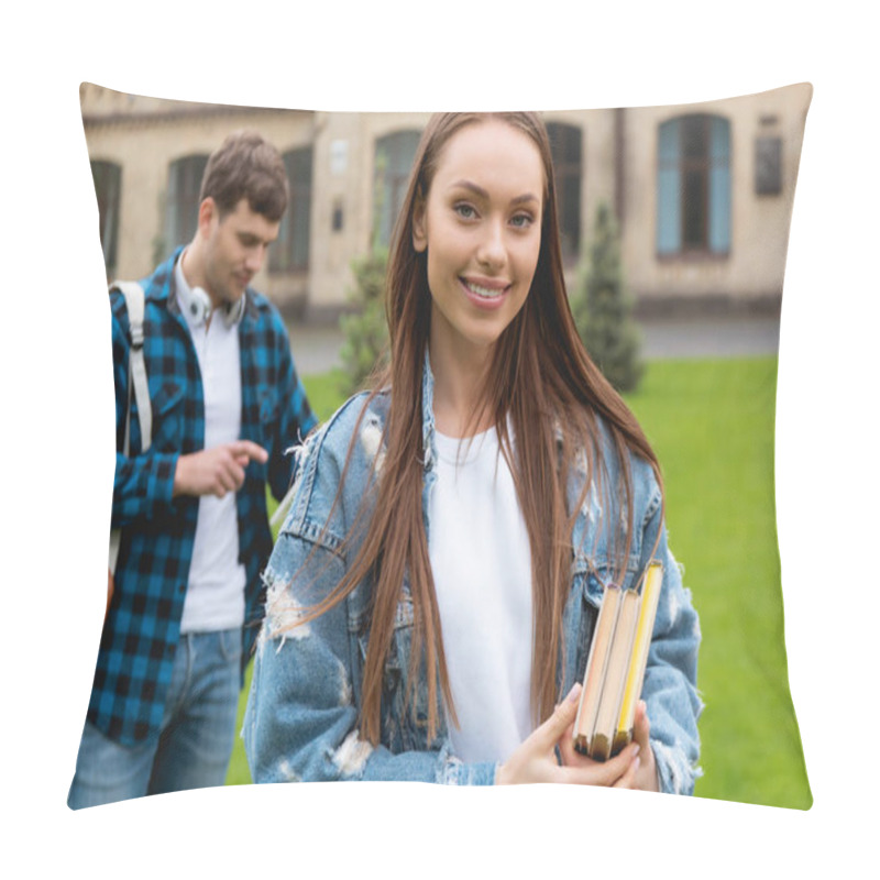 Personality  Selective Focus Of Happy Girl Holding Books Near Handsome Student  Pillow Covers