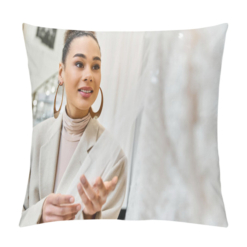 Personality  A Young Bride Shops For Her Wedding Dress, Standing In Front Of A Mirror And Gowns Pillow Covers