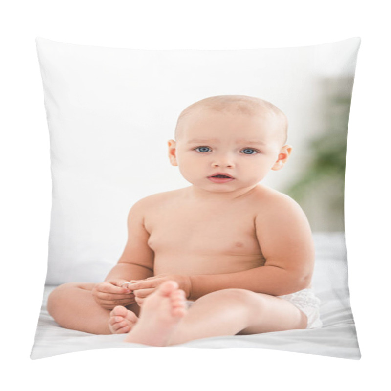 Personality  Cute Barefoot Child With Blue Eyes Sitting On Bed And Looking At Camera Pillow Covers