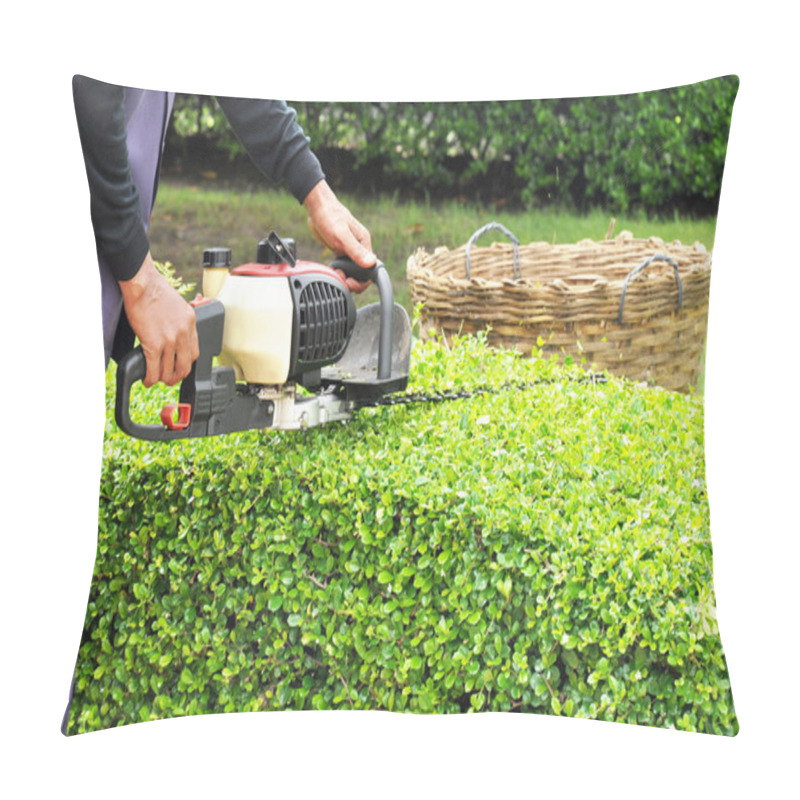 Personality  A Gardener Trimming Hedge With Trimmer Machine Pillow Covers