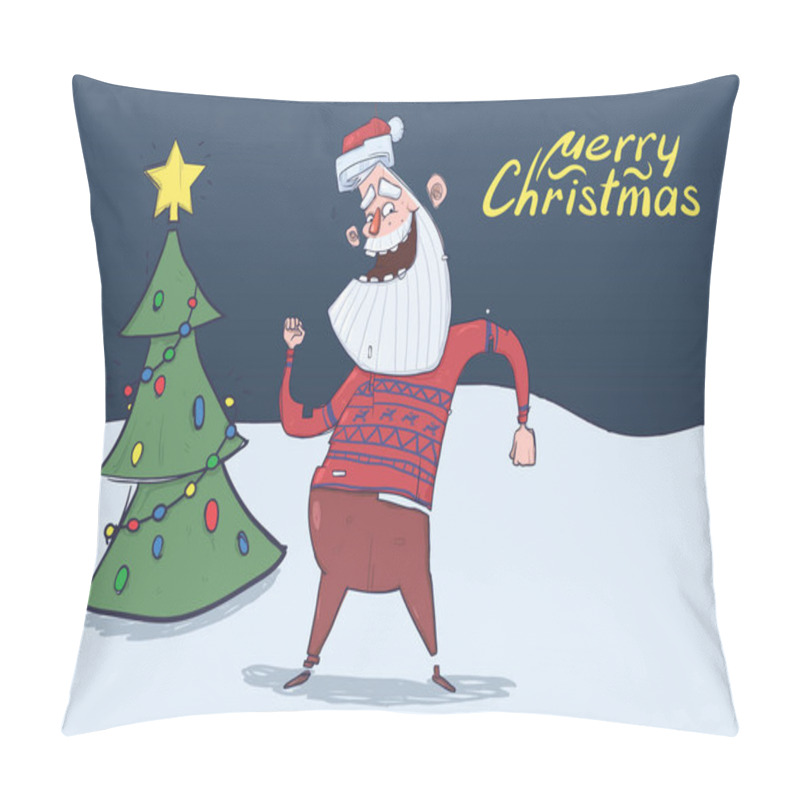 Personality  Christmas Card Of Smiling Santa Claus In Deer Sweater Dancing In The Night In Front Of Decorated Christmas Tree. Horizontal Vector Illustration. Cartoon Character. Lettering. Copy Space. Pillow Covers