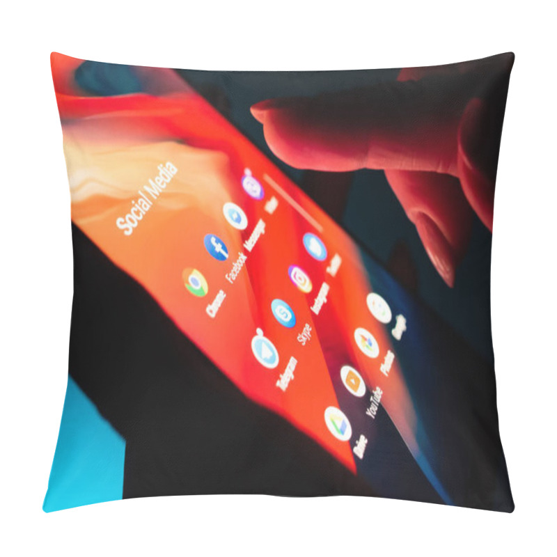 Personality  Close Up Girl Hand Using Smartphone With Social Media Apps Pillow Covers