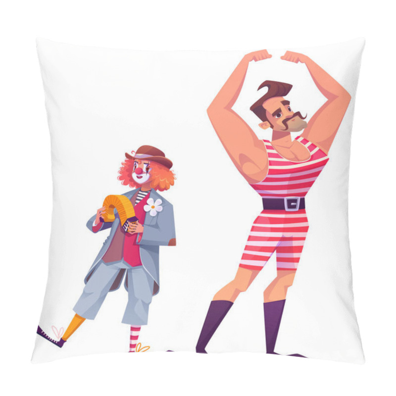 Personality  Circus Cartoon Character - Vector Carnival Or Theater Artists Performing Funny Show. Clown With Painted Face, Ruddy Wig And Red Nose Playing Harmonica. Large Strongman In Striped Costume With Mustache Pillow Covers