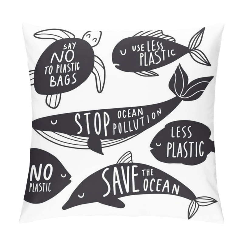 Personality  Sea Life Animals Set. Fish, Turtle, Whale, Dolphin. Say No To Plastic, Stop Pollution Slogans. Environment Protection. Zero Waste, Recycling, Ecology. Eco Concept Elements. Flat Simple Vector Pillow Covers