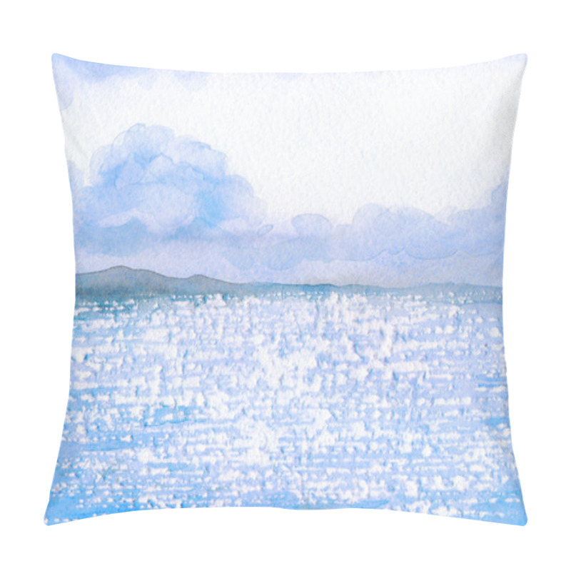 Personality  Hand Drawn Aquarelle Paint Calm Cool Fresh Spring Glare Day Pond Mount Horizon Scene. Paper Card Text Space Backdrop Retro Style Design. Blue Color Rain Weather Heaven Wild Valley Vacation Scenic View Pillow Covers